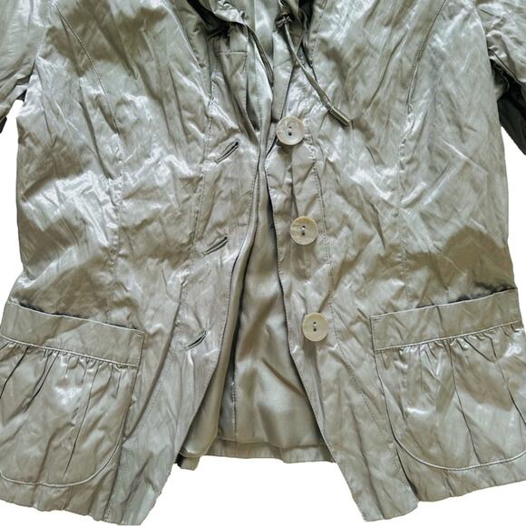 Chico’s Jacket Gray Green Metallic 3/4 Sleeve Ruffle Collar Rain Jacket Small - Picture 10 of 11